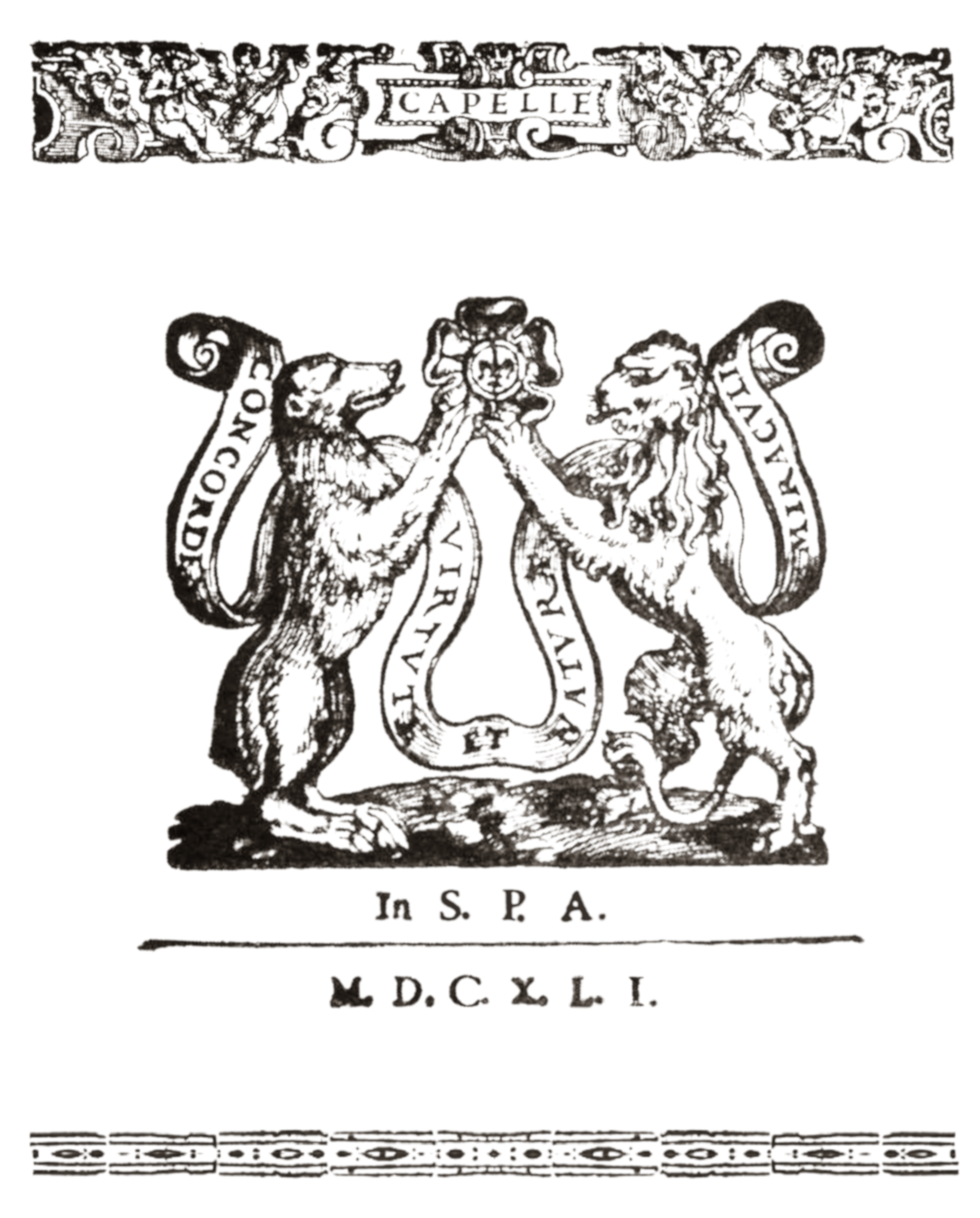 Gravura histórica com o nome Capelle e dois animais junto a um emblema musical